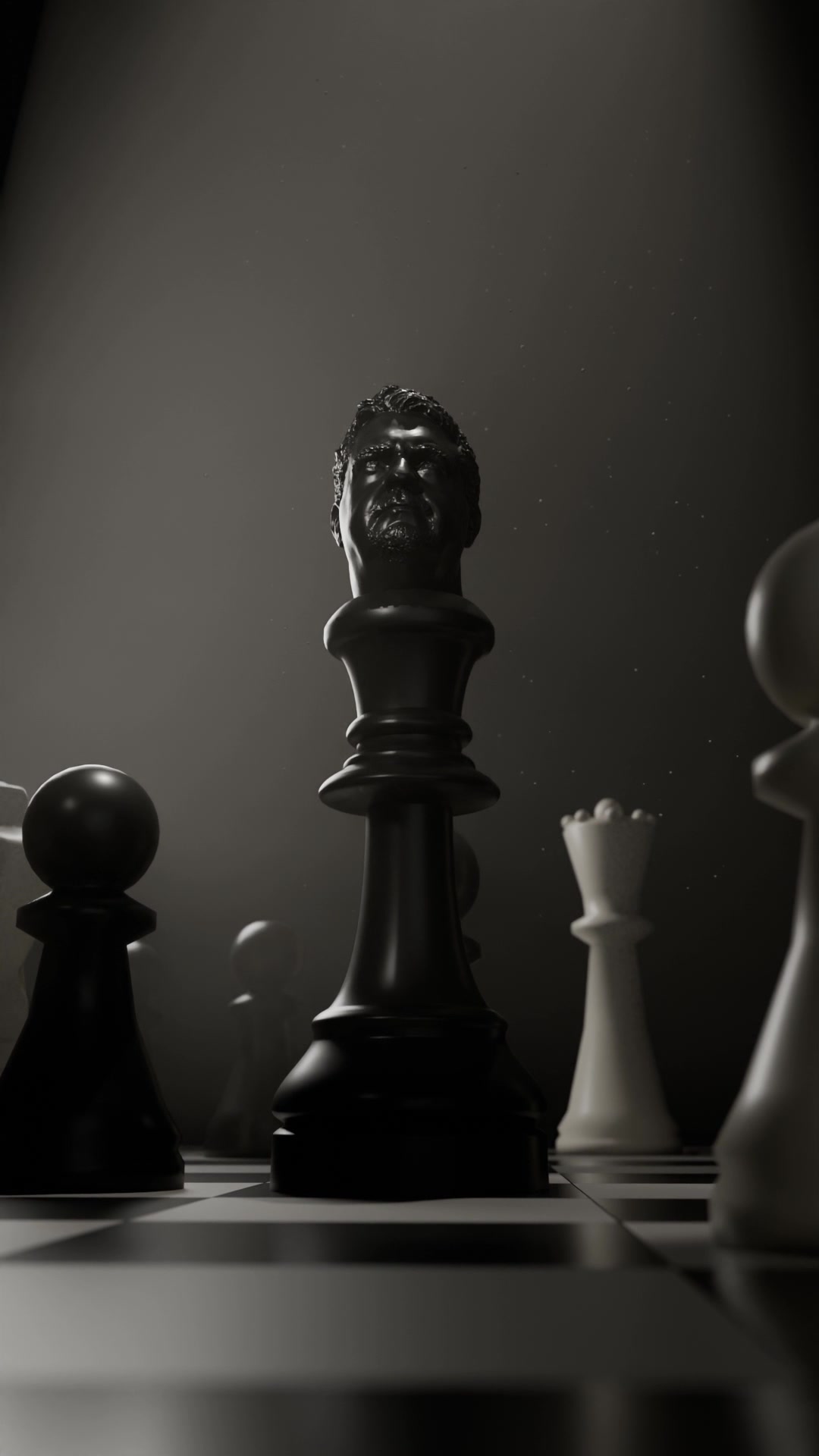 A black king with a real face in the light among the pieces on a chessboard