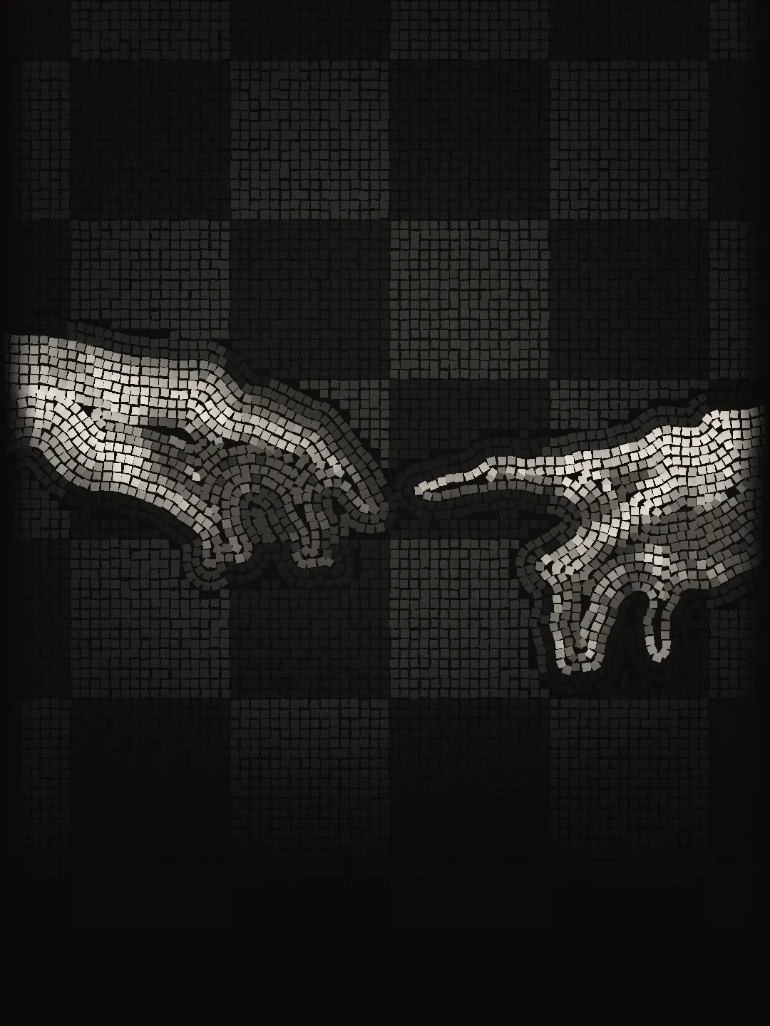 The hands from Michelangelo's Creation of Adam, laid as a stone mosaic over a chessboard